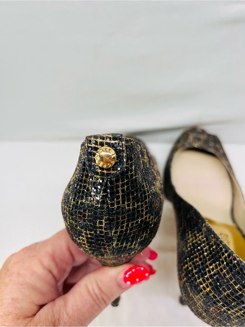 MICHAEL Michael Kors Black and Gold Textured Peep-Toe Heels